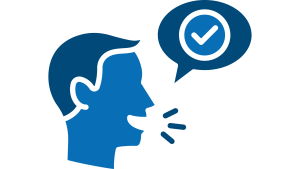 Illustration of a person speaking with a checkmark symbol representing verbal reasoning and communication skills