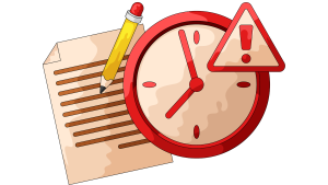 Clock with warning sign placed over application paper and pencil representing IELTS exam deadlines and university application time management